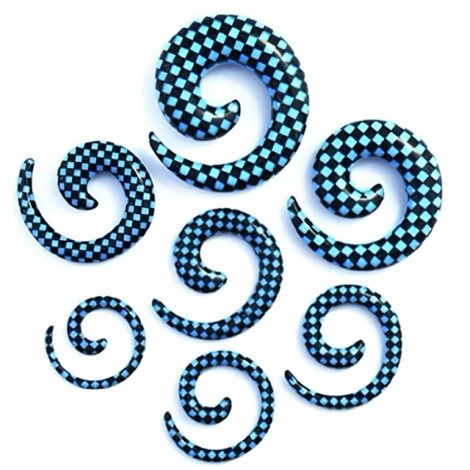 Acrylic Spiral Taper Pairs in Blue/ Black Checks
