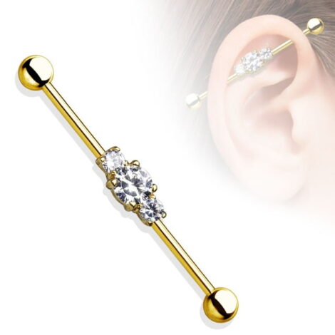 Three Clear CZ Row Industrial Barbell in Black Or Gold IP - Image 2