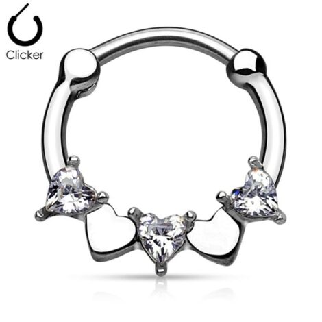 Septum Daith Round Hinged Clicker with CZ Hearts Nose Ring - Image 2
