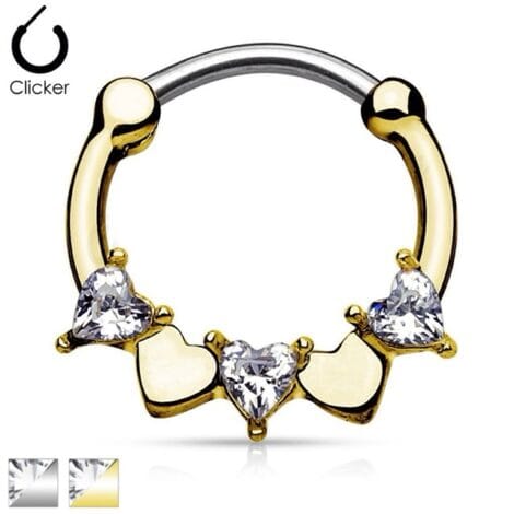 Septum Daith Clicker Round Hinged with CZ Hearts Nose Ring