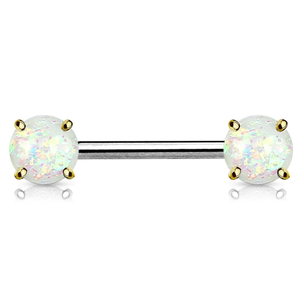 Front Facing Gold Prong Set Opal Glitter Nipple Bar Ring