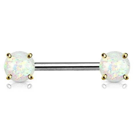 Front Facing Gold Prong Set Opal Glitter Nipple Bar Ring
