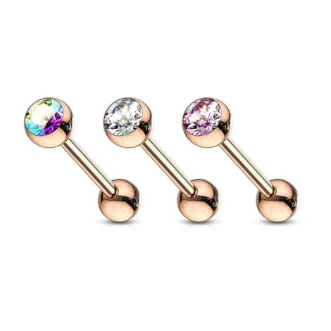Tongue Barbell In Rose Gold w/ Press Fit CZ Gem Ball - Image 3