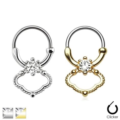 Septum Clicker Round Hinged Exotic Filigree CZ Nose Ring