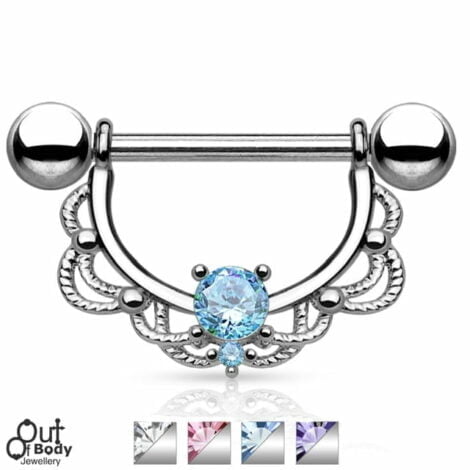 316L Steel CZ Centered Filigree Drop Nipple Ring