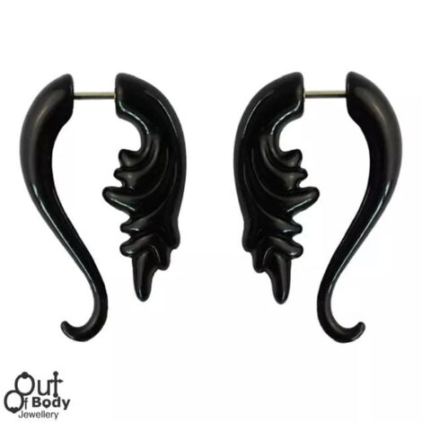 Fake Tribal Feathered Taper Pairs In Black Acrylic - Image 1