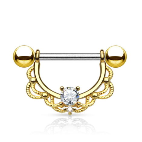 316L Steel CZ Centered Filigree Drop Nipple Ring in 14KT Gold Plate - Image 2