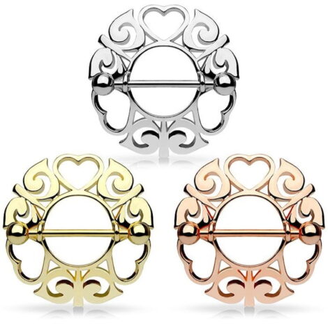 Filigree Tribal Nipple Ring Shield Pairs with Hearts and Swirls - Image 4