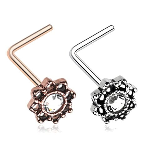 Lotus Flower With CZ Sparkle and Looped Petals L Bend Nose Ring