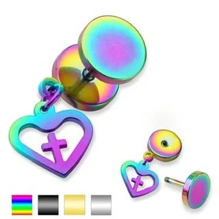 Fake Plug Earrings with Heart Dangle in IP Titanium Colours