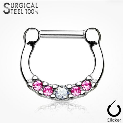 Septum Daith Straight Clicker All 316L Surgical Steel, 5 Crystals Ring - Image 3