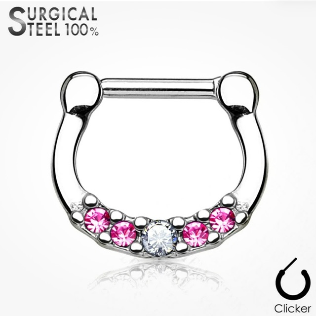 Septum Daith Straight Clicker All 316L Surgical Steel, 5 Crystals Ring