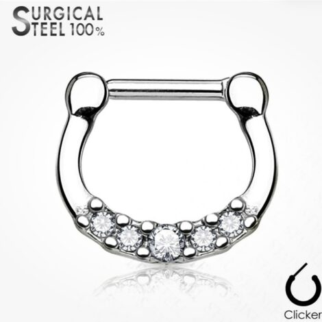 Septum Daith Straight Clicker All 316L Surgical Steel, 5 Crystals Ring - Image 4