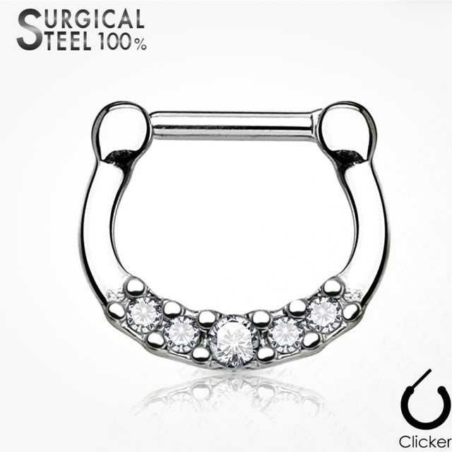Septum Daith Straight Clicker All 316L Surgical Steel, 5 Crystals Ring
