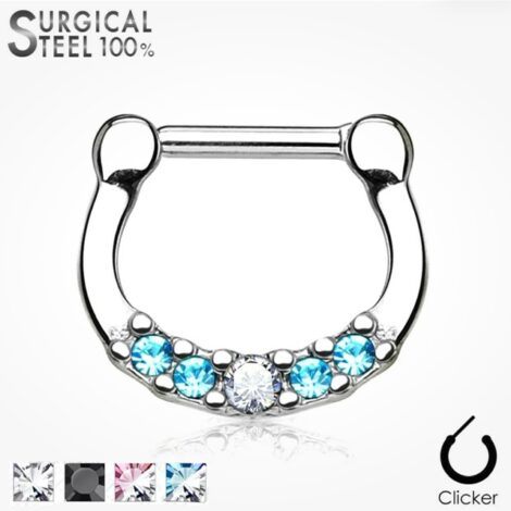 Septum Daith Straight Clicker All 316L Surgical Steel, 5 Crystals Ring - Image 1