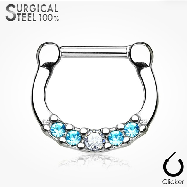 Septum Daith Straight Clicker All 316L Surgical Steel, 5 Crystals Ring