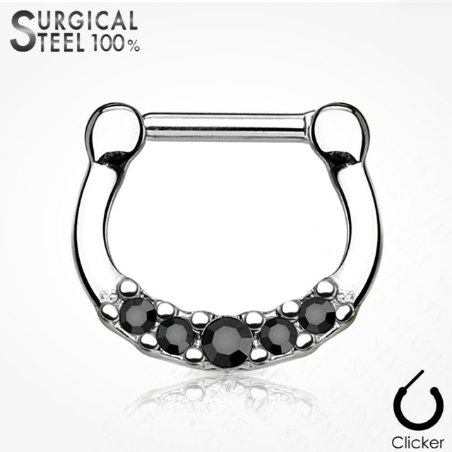 Septum Daith Straight Clicker All 316L Surgical Steel, 5 Crystals Ring