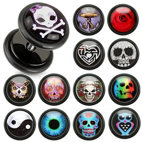Fake Plug Pairs in Black Acrylic With Dome Designs and O-Rings - Image 1