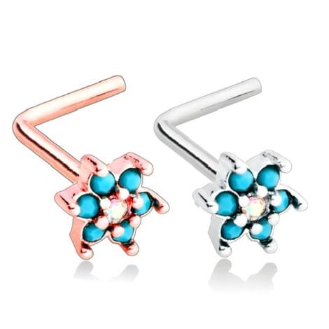 Spring Flower CZ Sparkle With Turquoise L Bend Nose Ring