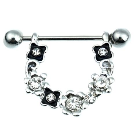 Crystal Set Flower Chain Shield, Nipple Ring Pairs - Image 2