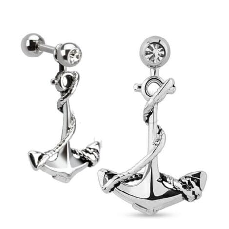 CZ Set Barbells with Dangling Anchor Charms, Earring Pairs