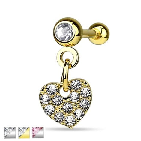 CZ Set Gem Ball Top Barbell with Dangle Pave Heart