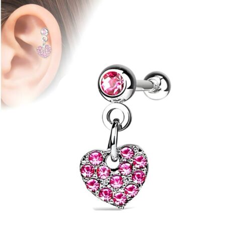 CZ Set Gem Ball Top Barbell with Dangle Pave Heart - Image 2
