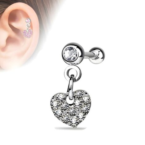 CZ Set Gem Ball Top Barbell with Dangle Pave Heart - Image 3