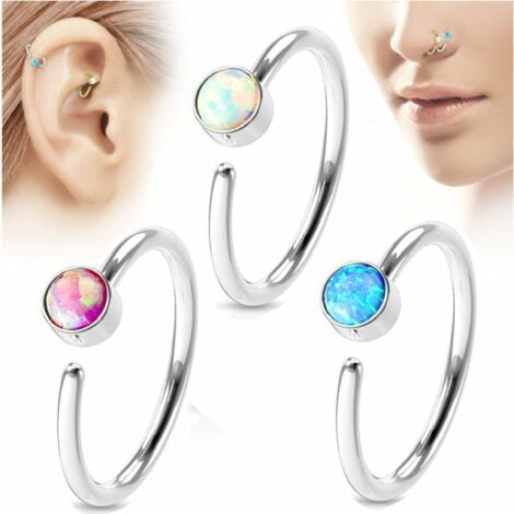 Hoop Nose Ring Opal Set 316L Surgical Steel