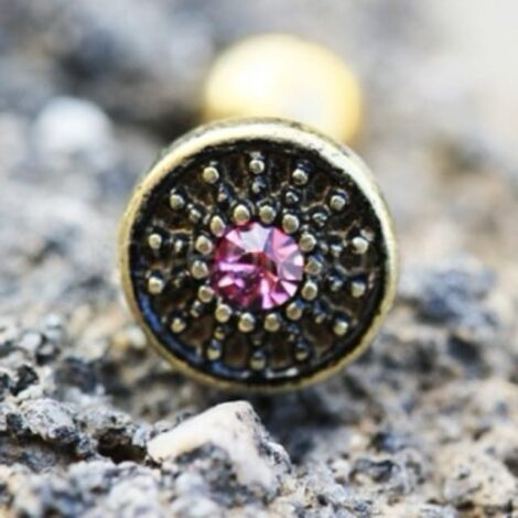 Gold Barbell with Pink CZ Tribal Shield Cartilage Earring - Image 2