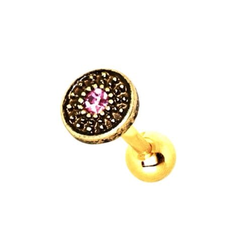 Gold Barbell with Pink CZ Tribal Shield Cartilage Earring