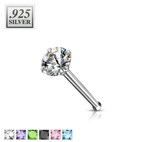 .925 Sterling Silver 20G Prong Set Round CZ Nose Bone