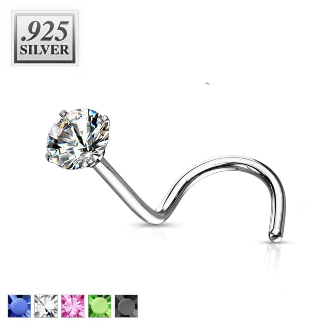 .925 Sterling Silver 20G Prong Set Round CZ Nose Screw