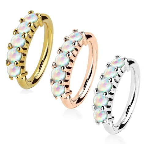 Hoop Ring Lined with 5 White Fire Opals, Nose Cartilage