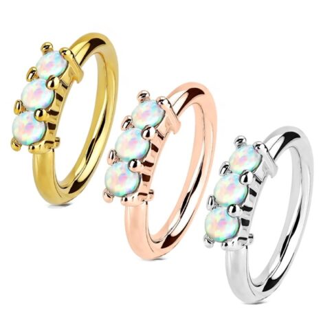 Hoop Ring Lined with 3 White Fire Opals, Nose Cartilage