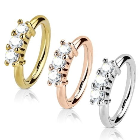 Hoop Ring Lined with 3 Prong Set CZ, Nose Cartilage Earring