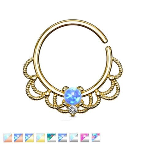 Opal and CZ Filigree Bendable Cut Ring for Septum Daith