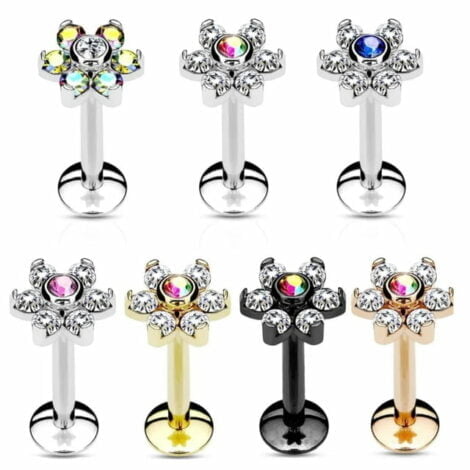 Flower Top Labret with 6 Gem Petals All 316L Surgical Steel