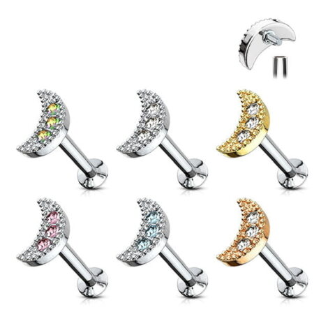 CZ Paved Cresent Moon Top Labret Internally Threaded Cartilage Stud - Image 4