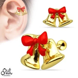 Christmas Festive Cartilage/Tragus Barbell with Ribbon Jingle Bell In Gold