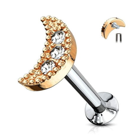 CZ Paved Cresent Moon Top Labret Internally Threaded Cartilage Stud - Image 3