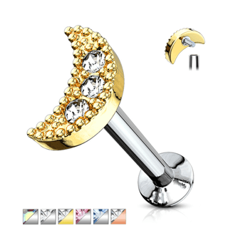 CZ Paved Cresent Moon Top Labret Internally Threaded Cartilage Stud