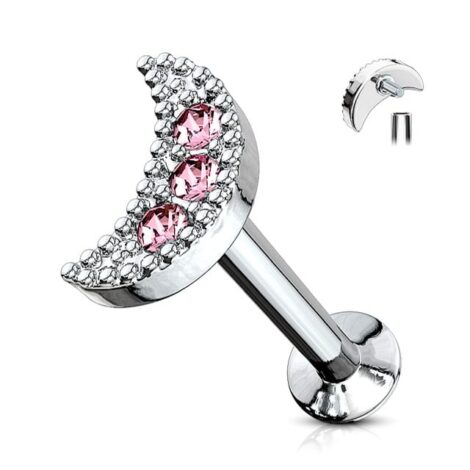 CZ Paved Cresent Moon Top Labret Internally Threaded Cartilage Stud - Image 6