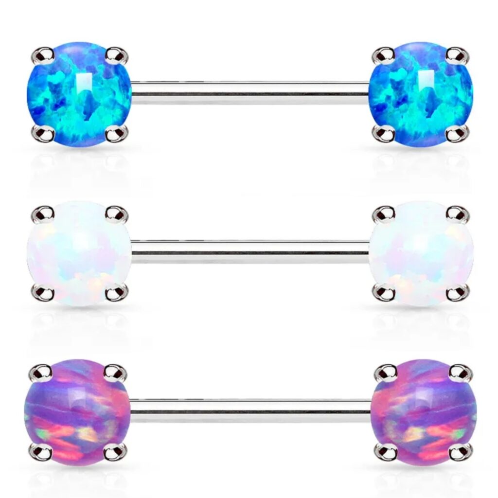 Front Facing Premium Synthetic Prong Set Opal Nipple Bar Ring