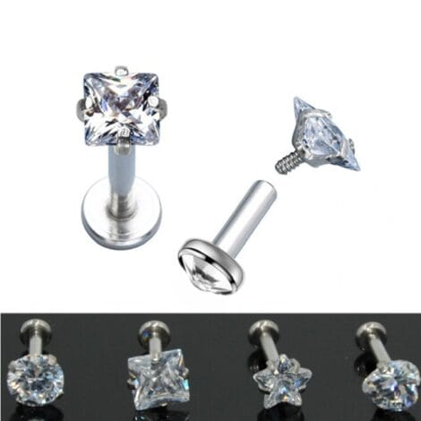 Labret Cartilage Stud With Threaded Prong Set CZ Top and CZ Flat Base