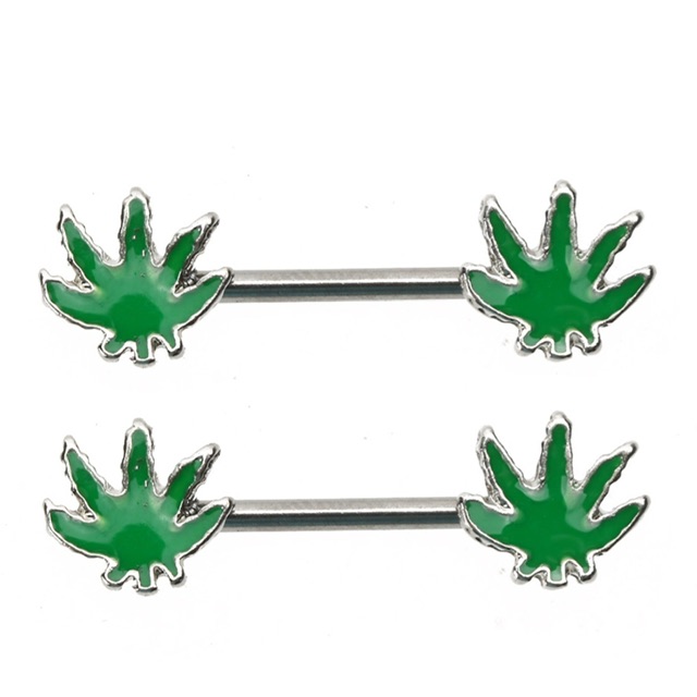 Nipple Barbell Ring Pairs with Glossy Green Pot Leaf Ends