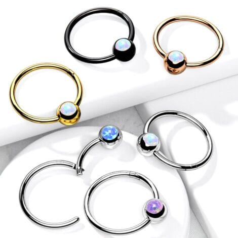 Hinged Hoop Segment Ring With Fixed Jewelled Opal Ball