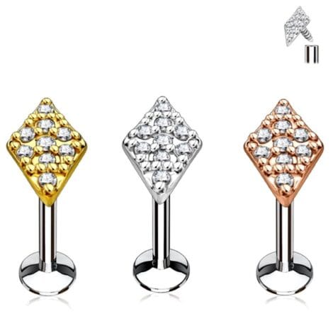 CZ Paved Diamond Shape Top Internally Threaded Labret Cartilage Stud