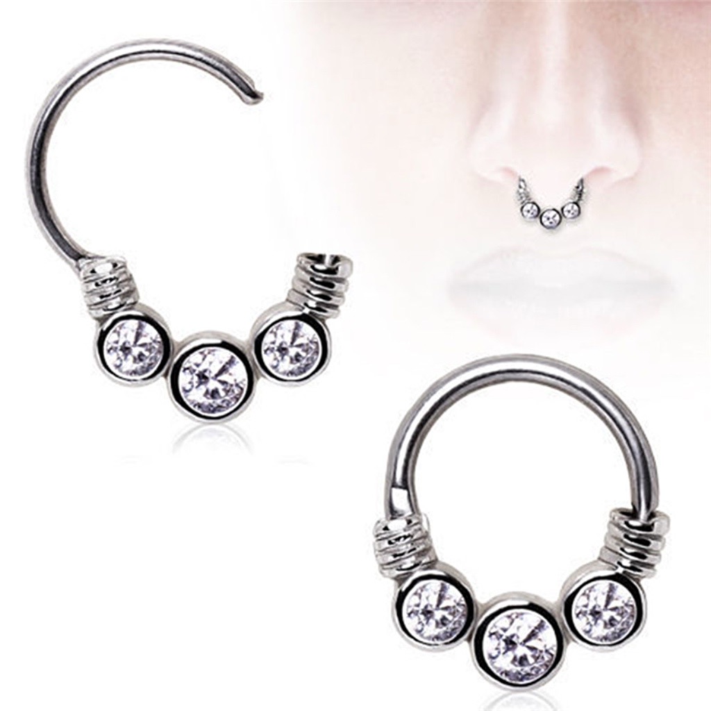 Septum Daith Round Clicker with Triple Gems Nose Ring
