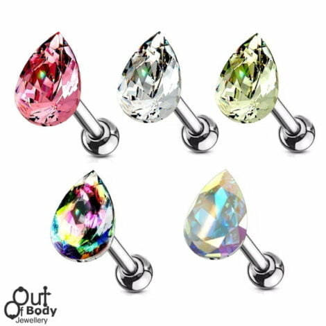 Cartilage/ Tragus Barbell with CZ Teardrop Shaped Top for Cartilage